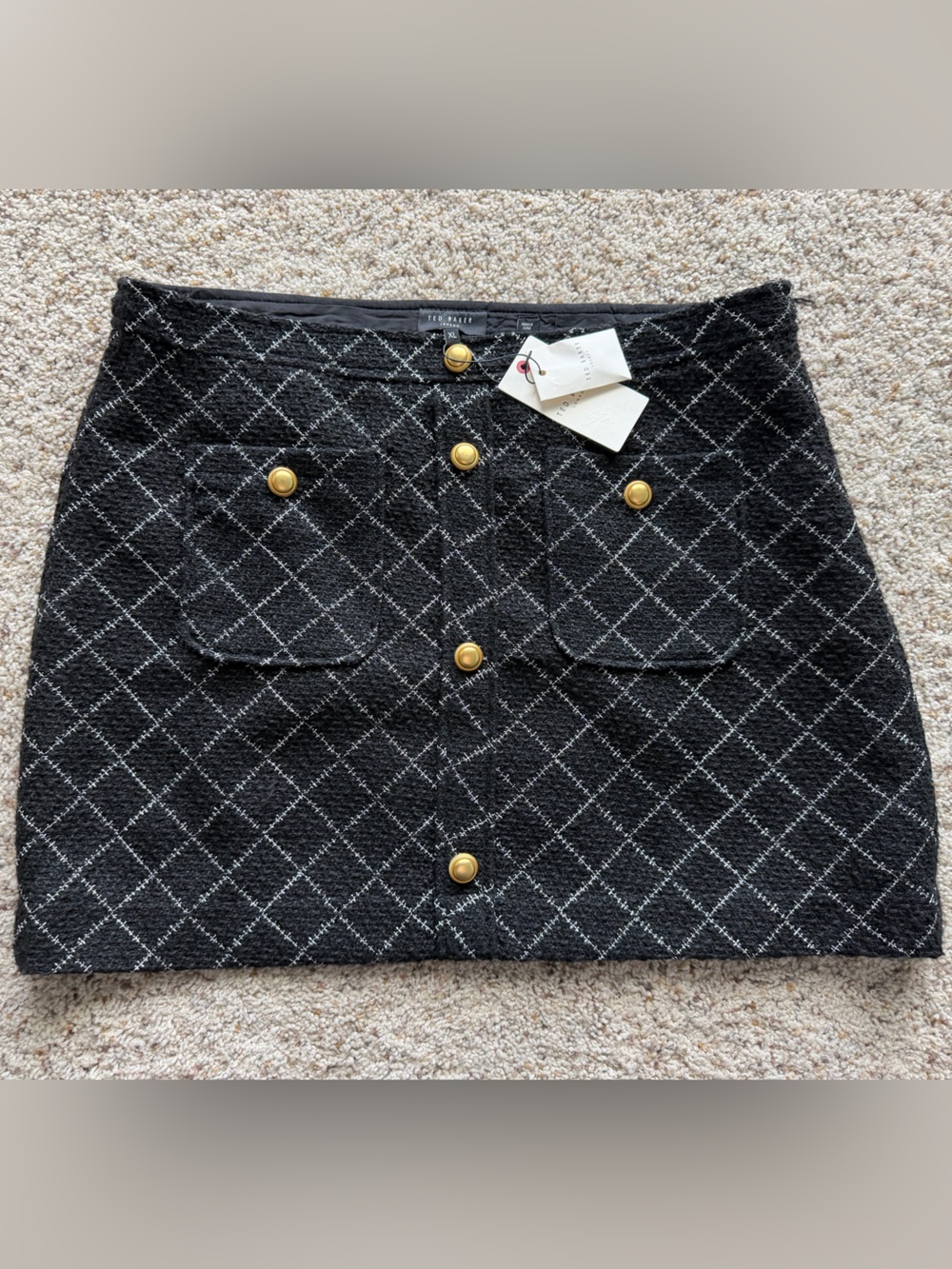 Ted Baker Black Diamond-Check Mini Skirt with Gold Buttons